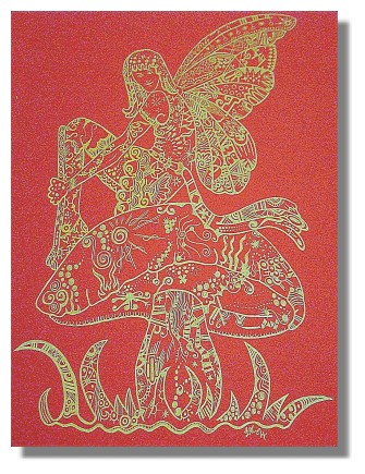 Pagan Art - Gold Fairy on a Toadstool.